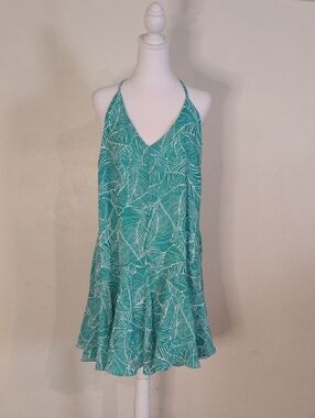 Backless Green Leaf Print Halter Sundress Size Large